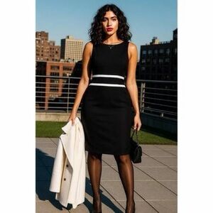 Black Label by Evan Picone Black Midi Sheath Dress White Stripes SZ 18